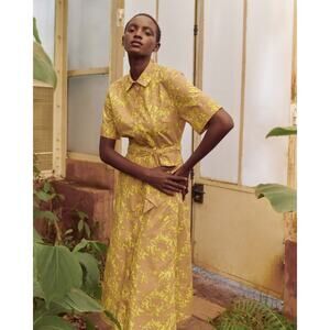 Poetry 12 The Shea Fit And Flare Midi Dress Yellow Tan Shirt Dress 100% Cotton